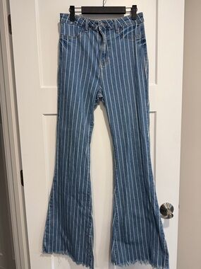 Cello Blue Pinstripe Wide-Leg Flare Jeans